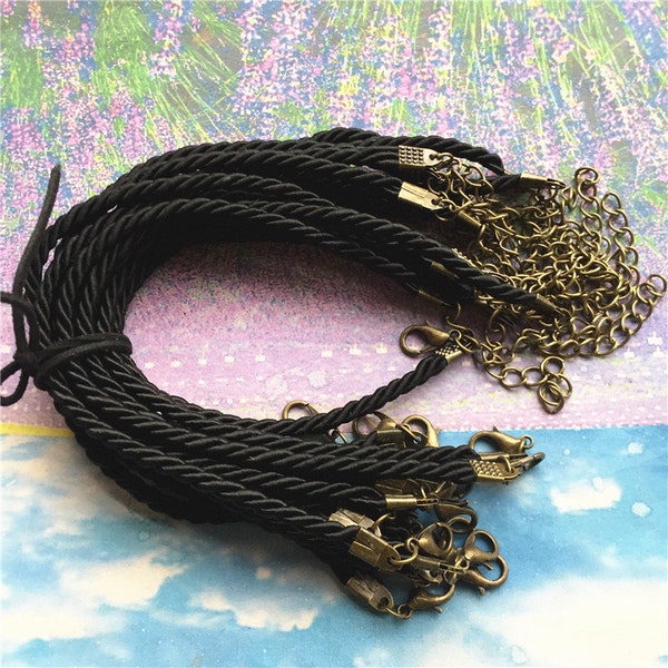 20pcs 7-27 inch adjustable 3mm Black satin twist choker necklace cords with antiqued bronzelobster clasps and 2 inch extender