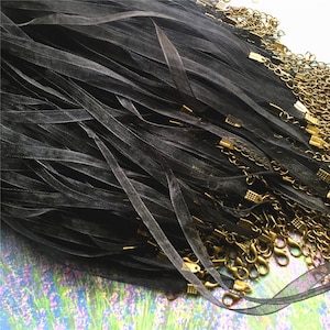 20pcs 7-27 inch adjustable for your choose 7mm width black voile ribbon necklace cords with antiqued Bronze lobster clasps