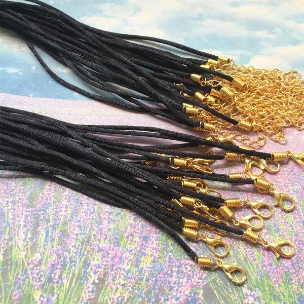 Bright Gold finish --20pcs 11-27 inch adjustable black satin necklace cords with lobster clasps and 2 inch extender