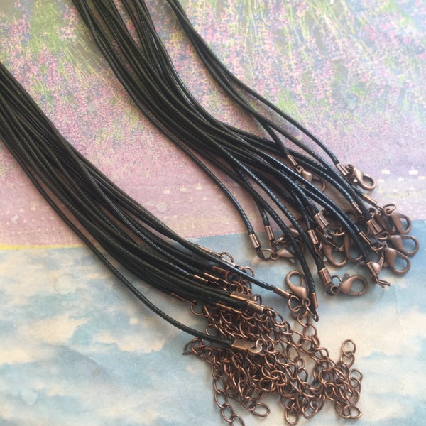 Antiqued copper finish--20pcs 7-27 inch adjustable 1.5mm Black korea leather necklace cord with lobster clasp and extender