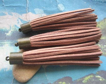 Long Size--10pcs 80mm Antiqued bronze plated metal Silver cap--Light brown suede leather tassel findings pendants