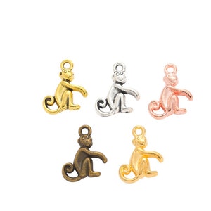 May include: Five monkey charms in different finishes: gold, silver, bronze, rose gold, and antique silver. Each charm features a detailed monkey design with a curled tail.