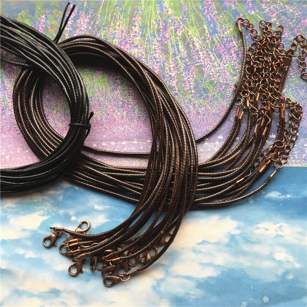 Fini cuivre vieilli -20 cordons de collier réglables en cuir de corée marron/noir de 2 mm (11 à 27 pouces) avec fermoirs mousqueton et rallonge de 2 pouces