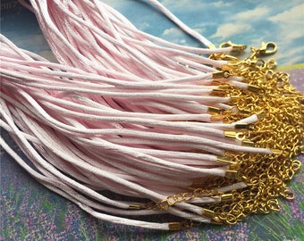 Bright Gold finish --20pcs 11-27 inch adjustable light pink satin necklace cords with lobster clasps and 2 inch extender