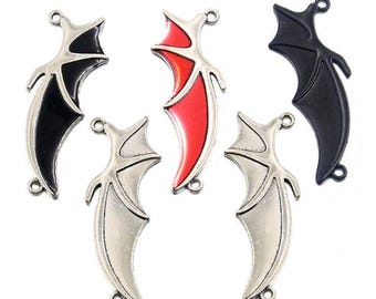 Venda em lote -- 10 peças de conectores/pingentes em formato de asa de morcego, 49 x 18 mm, em prata envelhecida/preto/esmalte preto/esmalte vermelho.