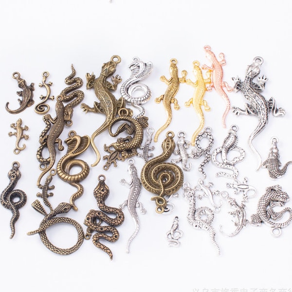 Bulk Sale--200g antiqued Silver/antiqued bronze assorted Snakes/Lizards charms findings pendants