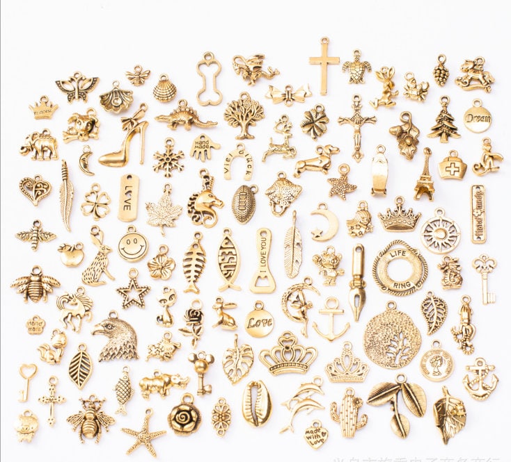 Wholesale 100pcs assorted antiqued gold/antiqued silver charms findings