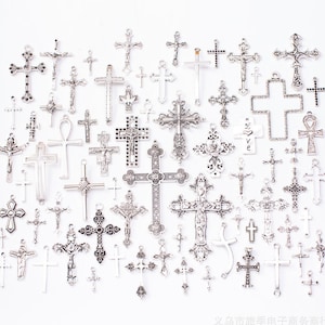 Wholesale 70pcs assorted antiqued silver cross charms findings
