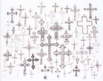 Wholesale 70pcs assorted antiqued silver cross charms findings
