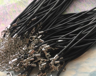 20pcs 11-27 inch adjustable 1.5-2.5mm black rubber necklace cords with white k silver lobster clasps and 2 inch extender
