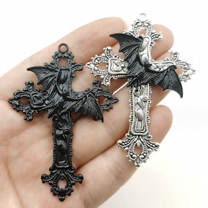 Bulk Sale 10pcs 74x52mm antiqued silver/black Bat large  Cross charms findings