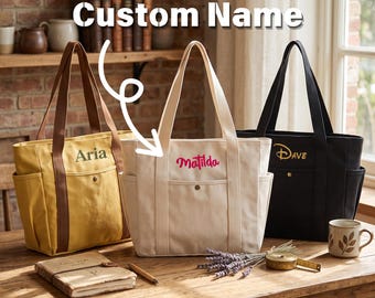 Personalized Embroidered Canvas Tote Bag: Custom logo Zippered Bag