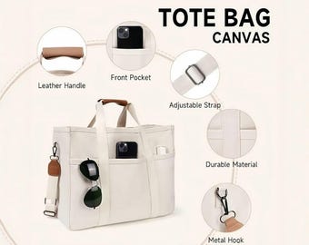 Personalized Embroidered Canvas Tote Bag: Multi-Pocket Organizer Handbag
