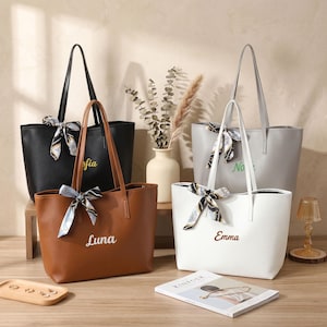 Custom Embroidered Vegan Leather Tote Bag | Personalized Monogram Shoulder Bag