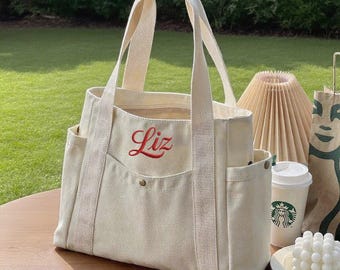 Gepersonaliseerde draagtas van geborduurd canvas: op maat gemaakte tas met ritssluiting