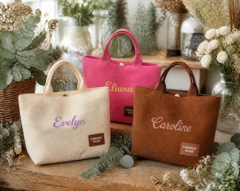 Personalized Corduroy Mini Tote Bag, Embroidered Utility Handbag, Minimalist Lunch Tote