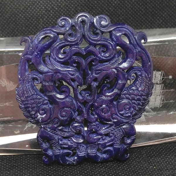 Dragon phoenix jade pendant, Carved dark purple blue Jade stone, Double Face Animal Pendant link, Amulet Talisman Pendant gemstone bead