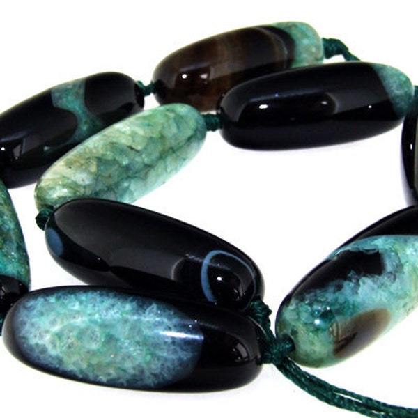 Knotted Big Superb Green crystalloid Black  Agate 13mx38mm Gemstone Beads Strand 15.5inch
