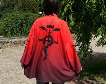 Fullmetal Alchemist Haori Kimono – Red Anime Jacket with Symbol Print | Otaku Streetwear for Fans | Unisex Soft Cloak