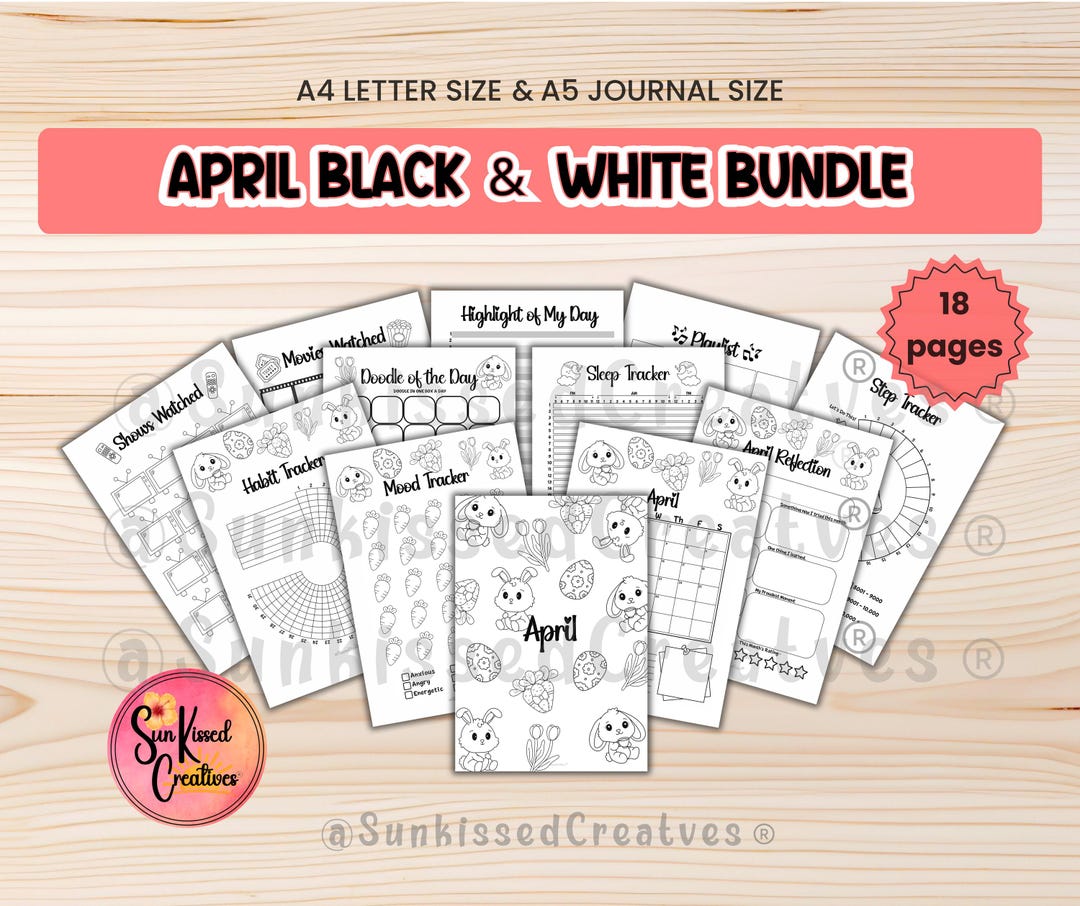 April Bullet Journal Printable Black and White Coloring Pages Planner ...