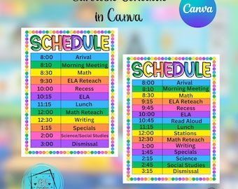 Daily Schedule BRIGHT Rainbow Colorful Editable Canva Template Beginning of the School Year