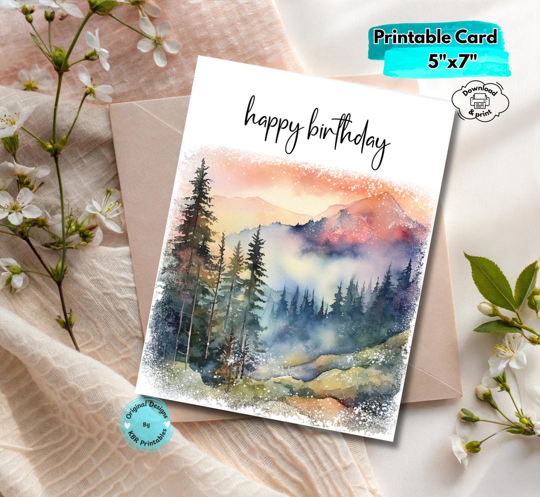Printable Mountain Birthday Card Digital Download Nature-inspired ...