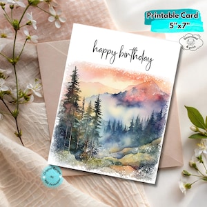 Printable Mountain Birthday Card Digital Download Nature-Inspired Hiking Birthday Card Camping Adventure Greeting for Outdoorsy Celebrations