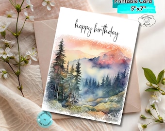 Printable Mountain Birthday Card Digital Download Nature-Inspired Hiking Birthday Card Camping Adventure Greeting for Outdoorsy Celebrations