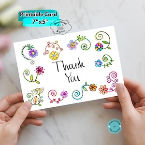 Cartão de agradecimento para impressão digital, download de cartão de agradecimento colorido com inspiração floral, cartão de felicitações digital com arte floral caprichosa