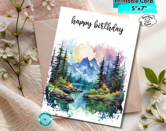 Printable Mountain Birthday Card Digital Download Nature-Inspired Hiking Birthday Card Camping Adventure Greeting for Outdoorsy Celebrations