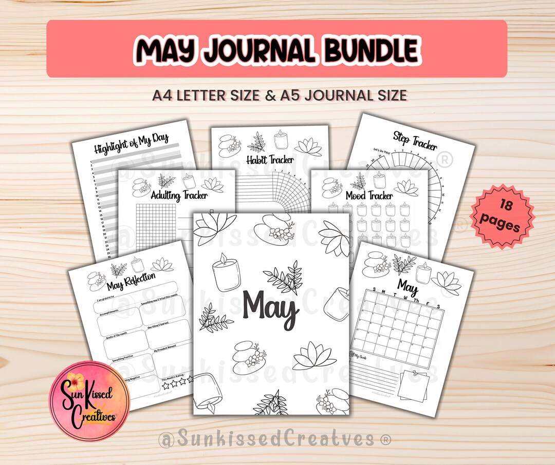 May Bullet Journal Pages Printable Black and White Spring Self Care ...