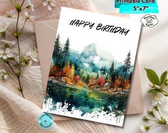 Printable Mountain Birthday Card Digital Download Nature-Inspired Hiking Birthday Card Camping Adventure Greeting for Outdoorsy Celebrations