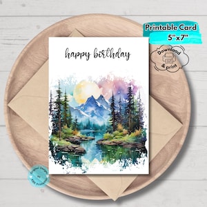 Printable Mountain Birthday Card Digital Download Nature-Inspired Hiking Birthday Card Camping Adventure Greeting for Outdoorsy Celebrations