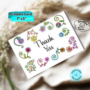 Cartão de agradecimento para impressão digital, download de cartão de agradecimento colorido com inspiração floral, cartão de felicitações digital com arte floral caprichosa