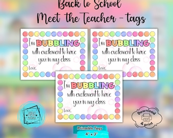 Back to School Printable Tags - Bubbling With Excitement First Day of School Gift Favor Pastel Meet the Teacher Easy Student Gift