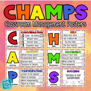 May include: A colorful classroom management poster set with the word "CHAMPS" in large, rainbow-colored letters. The poster includes sections for conversation, help, activity, movement, participation, and success, with related visual cues.