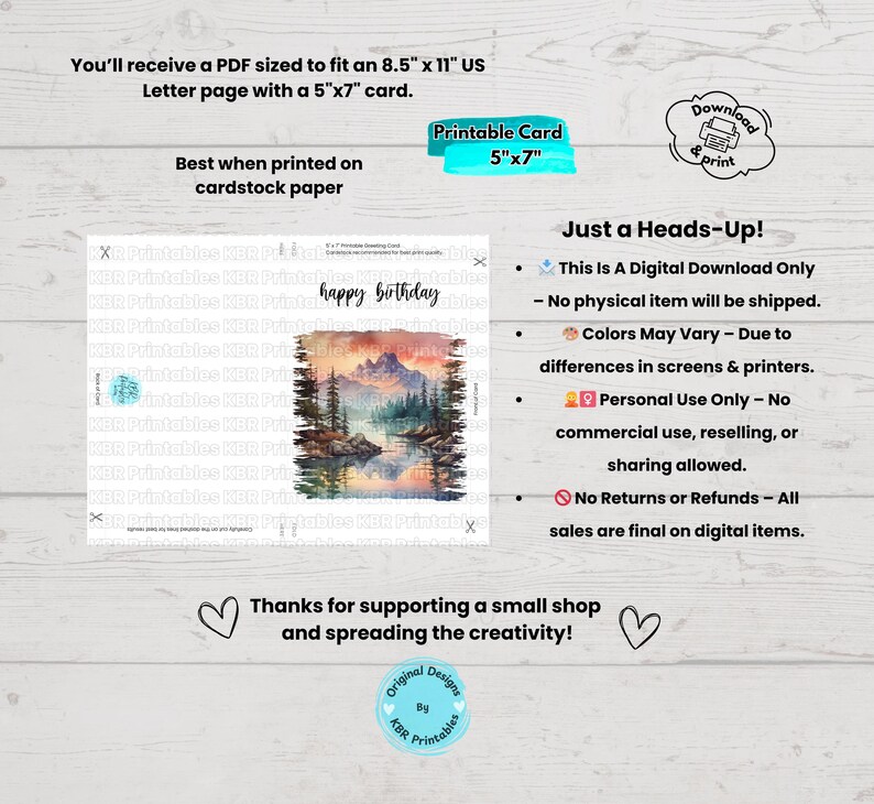 Printable Mountain Birthday Card Digital Download Nature-inspired ...