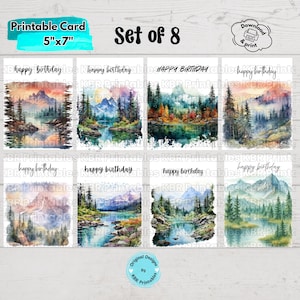Printable Watercolor Birthday Cards 5x7 Nature Landscape Digital Cards Mountain Forest Scenic Birthday Card Bundle Set of 8