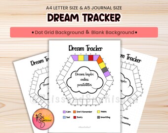 Op de afbeelding: Een witte Dream Tracker-journal met een kleurrijk zeshoekig ontwerp, met de tekst "Dream Tracker" en "Dreams inspire endless possibilities." Bevat een kleurgecodeerde sleutel voor droomemoties. Verkrijgbaar in A4- en A5-formaten.