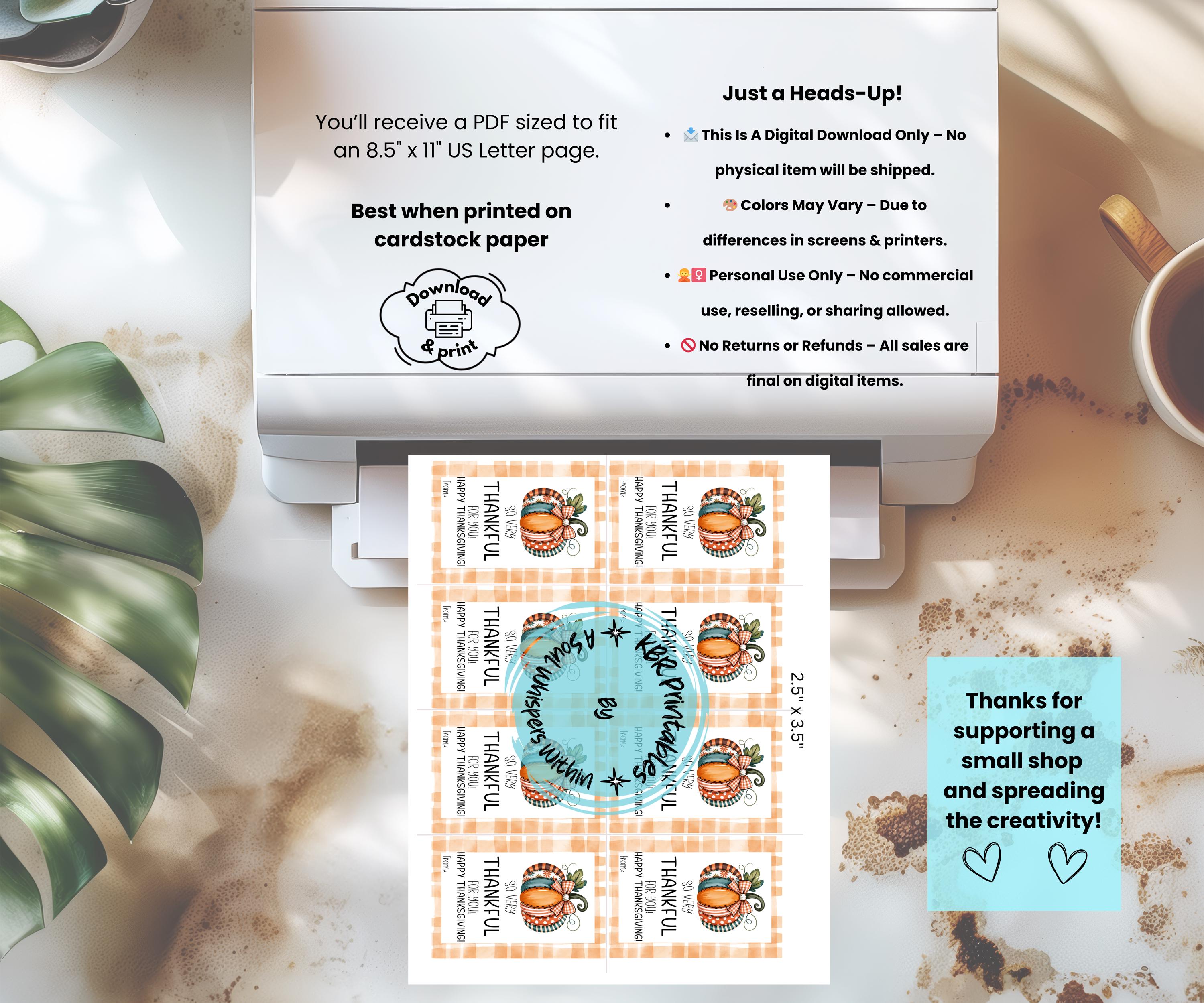 So Very Thankful for You Tag Printable Thanksgiving Favor Autumn Gift ...