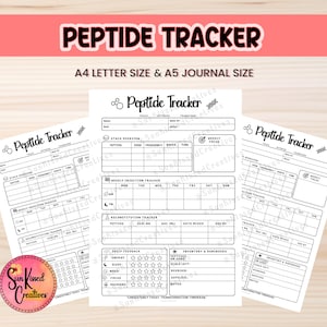 May include: A collection of white paper sheets with the text "PEPTIDE TRACKER" in black. The sheets include sections for tracking peptides, weekly injections, and daily feedback. The text "A4 LETTER SIZE & A5 JOURNAL SIZE" is also present.