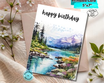 Printable Mountain Birthday Card Digital Download Nature-Inspired Hiking Birthday Card Camping Adventure Greeting for Outdoorsy Celebrations