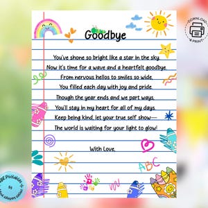 Carta de despedida a un estudiante o profesor, poema de despedida, carta de fin de curso, imprimible, editable, regalo para clase de primaria