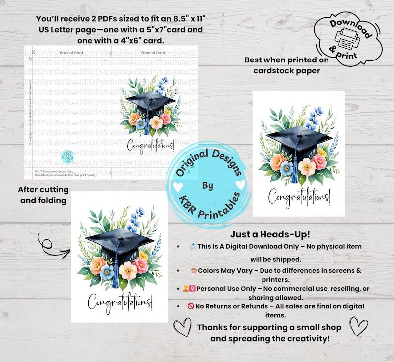 Printable Congratulations 5x7 Floral Card Instant Download Graduation ...