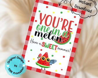 Etiquetas de presente "One in a Melon" para o fim do ano, último dia de aula, etiquetas de lembrança de verão para impressão, agradecimento a alunos e professores