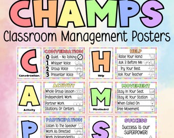 CHAMPS Classroom Posters Pastel Decor for Teachers Behavior Management Visuals And Positive Classroom Rules
