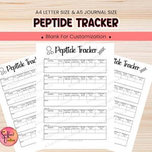 May include: A collection of white Peptide Tracker sheets with black text, featuring sections for tracking peptides, doses, and injection details. The sheets are labeled "A4 Letter Size & A5 Journal Size" and "Blank For Customization."