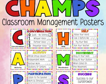 Classroom Posters for Teachers: CHAMPS Behavior Management & Positive Rules Bright Visual Decor