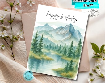 Printable Mountain Birthday Card Digital Download Nature-Inspired Hiking Birthday Card Camping Adventure Greeting for Outdoorsy Celebrations