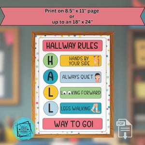May include: A framed print with the text "HALLWAY RULES" and colorful blocks with instructions. The print includes the text "Print on 8.5" x 11" page or up to an 18" x 24". The rules are: Hands by your side, Always quiet, Looking forward, Legs walking, and Way to go!